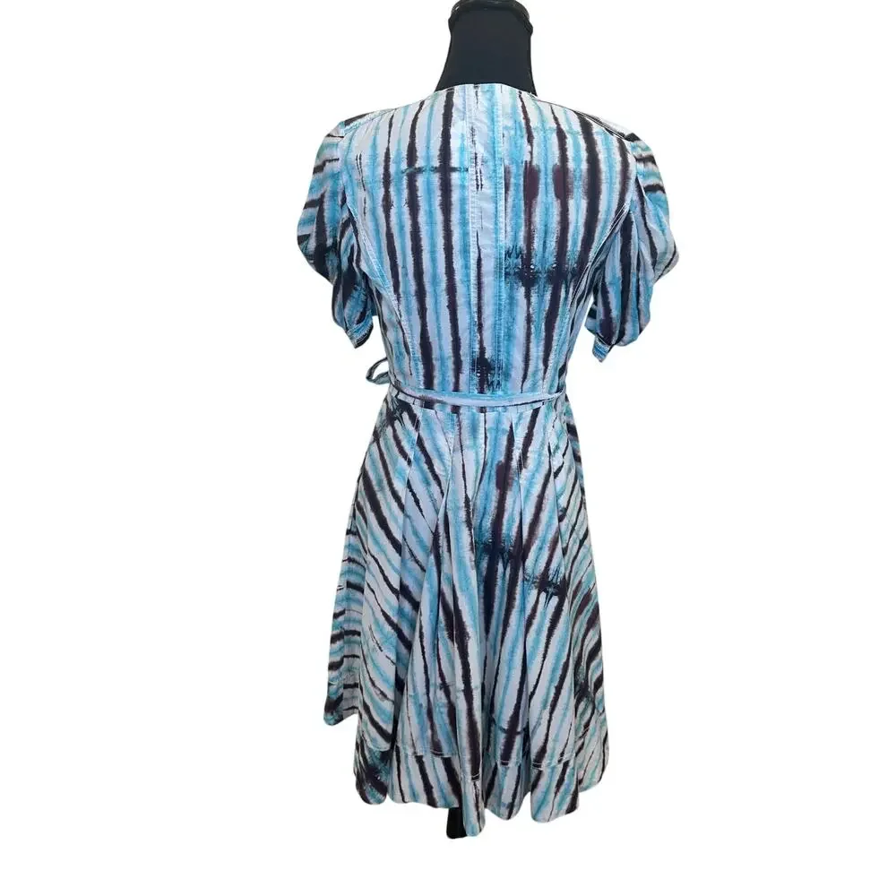 Diane Von Furstenberg Blue Tie Dye Wrap Dress SMALL Work Cotton Puff Sleeve $417 - Picture 10 of 11